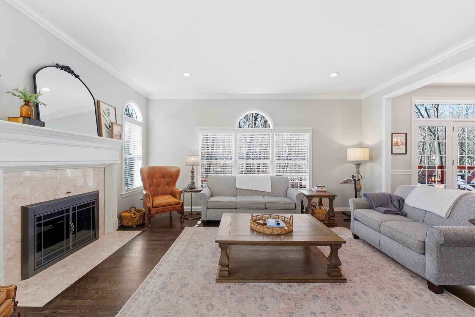 Living room with stone fireplace